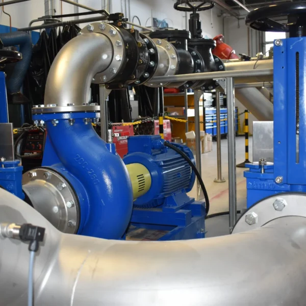 A close up picture of a dual centrifugal pump system supplied to Fareham College for Marine Engineer Trainee Exercises
