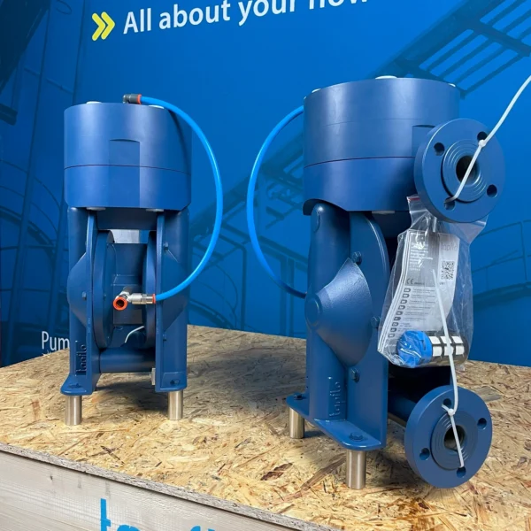 A picture of 2 Diaphragm Pumps with built-on pulsation dampeners, being used in the Diesel pumping and filtering system