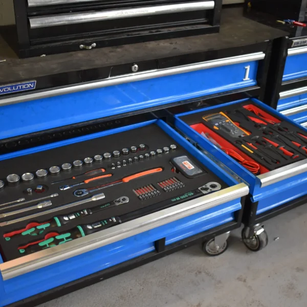 A picture of tools and equipment in customised foam inserts for Fareham College and their trainee marine Engineer curriculum