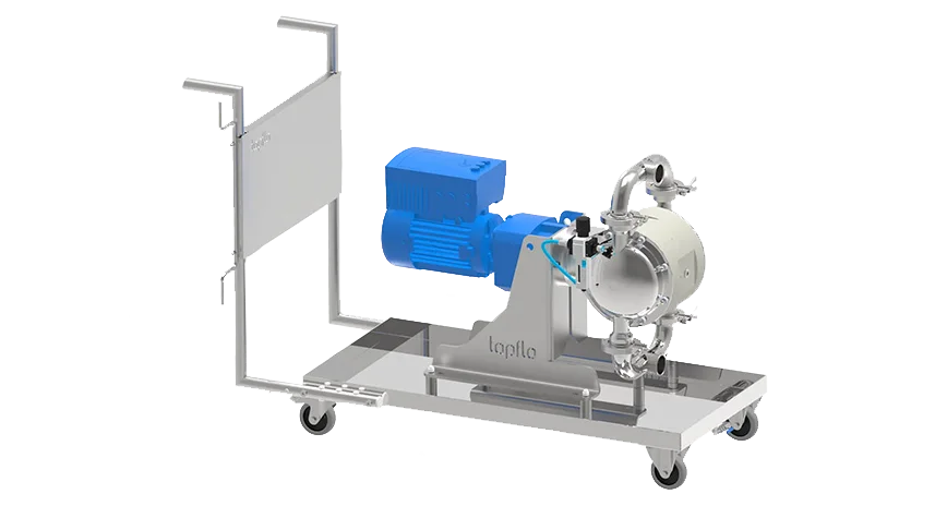 A picture of a Sanitary Air Operated Diaphragm Pump mounted on a trolley